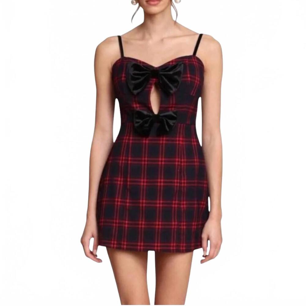 NEW AVEC LES FILLES plaid velvet bow keyhole mini dress in red/black